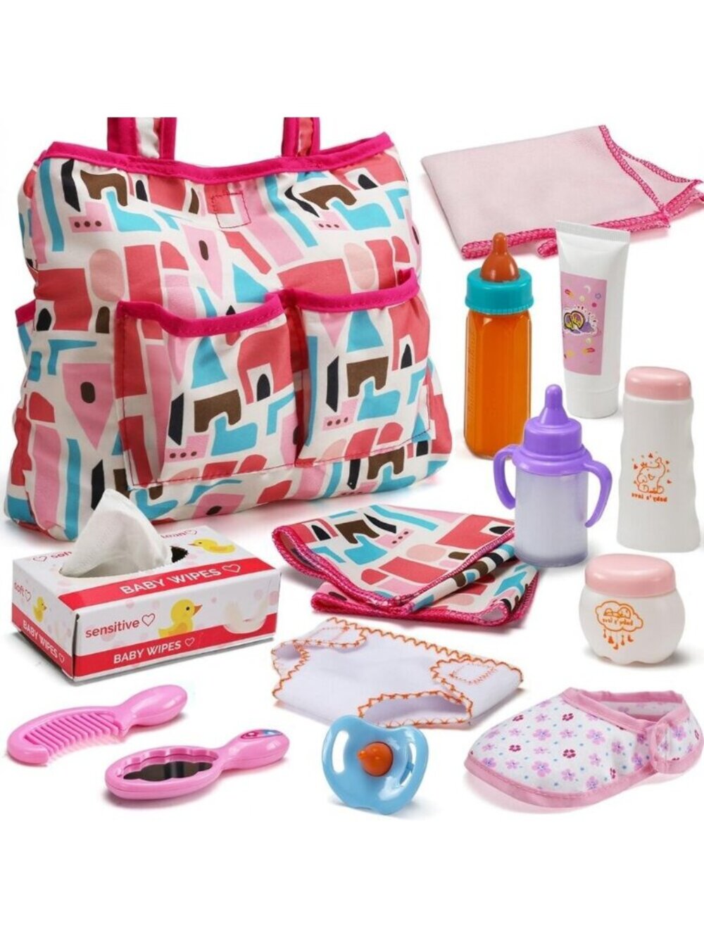 Baby Doll Play Set Pink Feeding Diaper Bag Magic Bottle Changing Mat Toddler